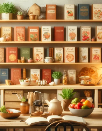 DALL·E 2024-05-07 12.30.35 - Create an image depicting a library of cooking books, arranged neatly on shelves in a cozy, inviting setting. The scene should be warm and welcoming,