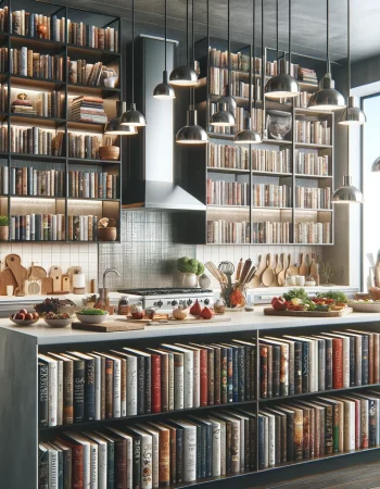 DALL·E 2024-05-07 12.32.37 - Create an image depicting a modern and sleek kitchen filled with cooking books. The kitchen should have a contemporary design with stainless steel app